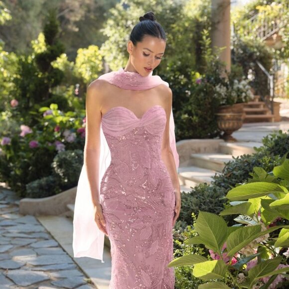 New Strapless Sheath Dress w/ Sweetheart Neck & Removable Matching Scarf A1484 - Picture 1 of 9